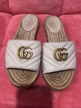 Gucci GG Marmont Matelasse Leather Espadrille Slides White Size 36